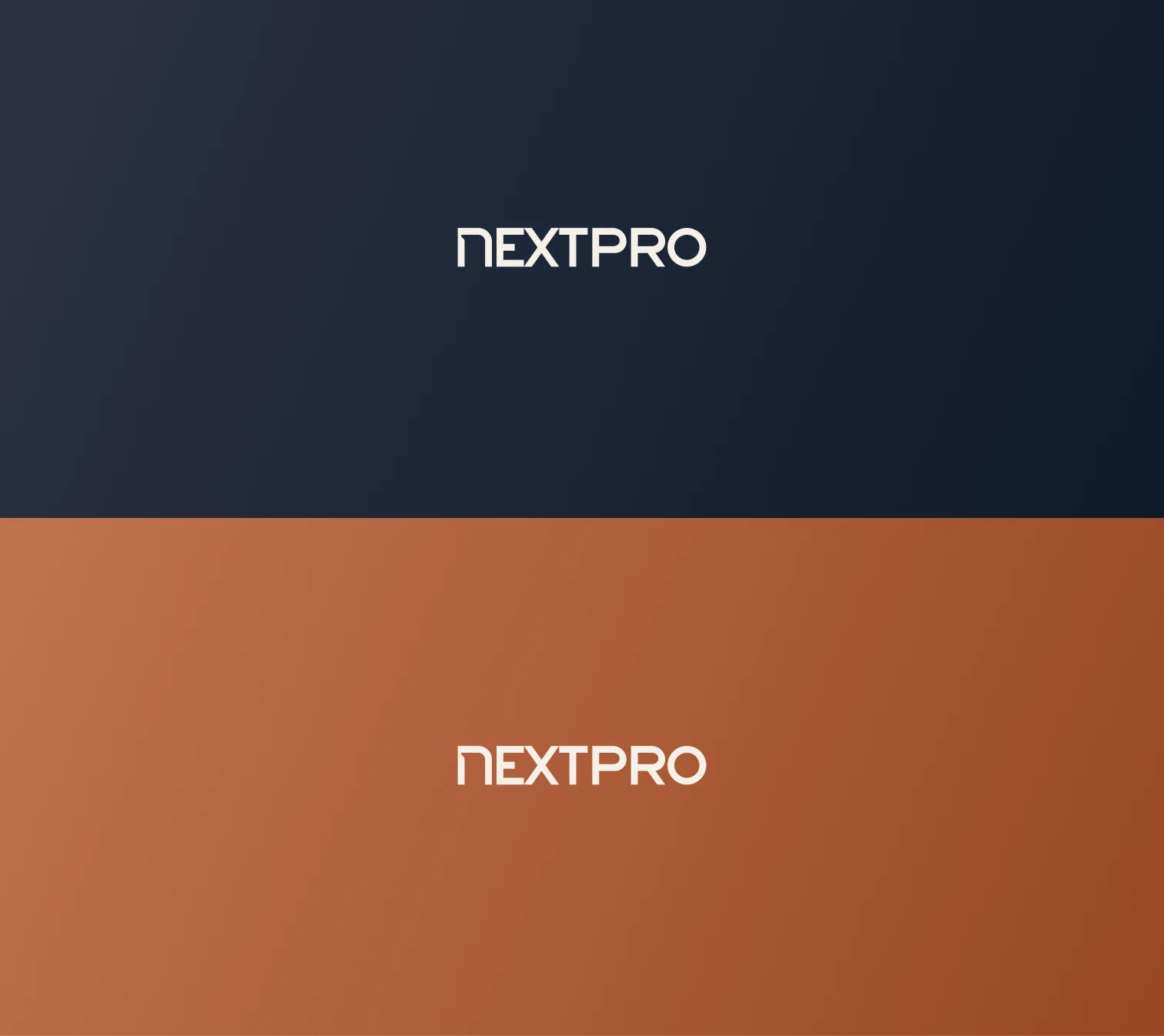 Logotipo NEXTPRO aplicado sobre fundos azul-marinho e terracota